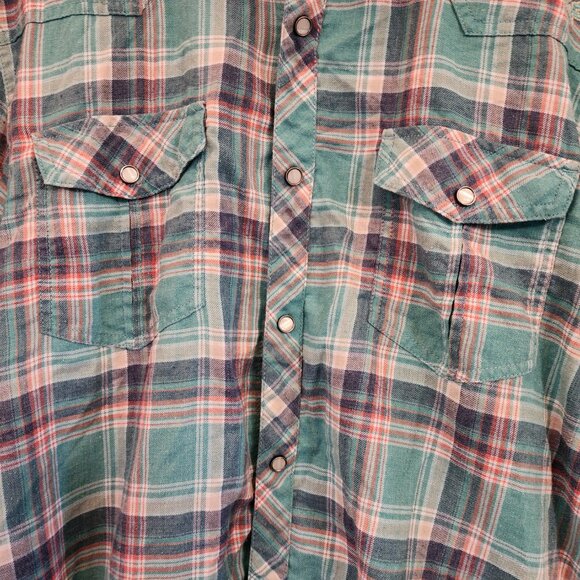 Vtg GUESS Pearl Snap Western Button Up Long Green Plaid Embroidered Men Xl - Picture 7 of 16